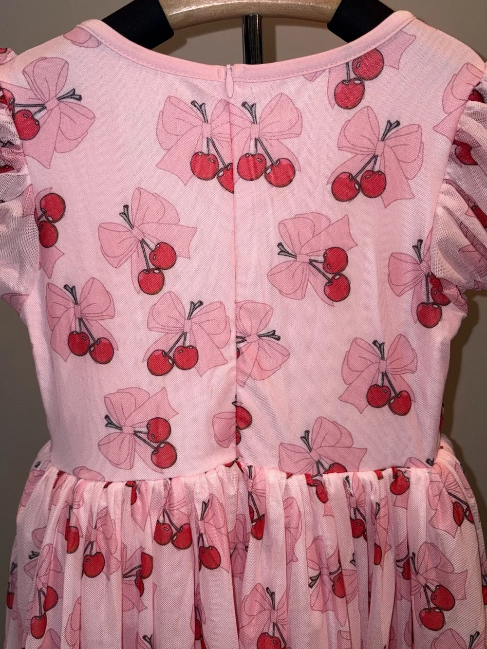 Lola and the Boys Cherry Bows Tulle Dress Pink Girls Size 6T Puff Sleeve